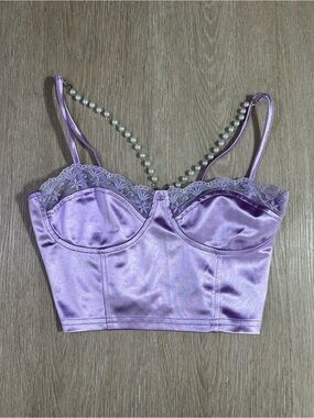 Satin Lace Trim Lilac Beaded Bustier Top